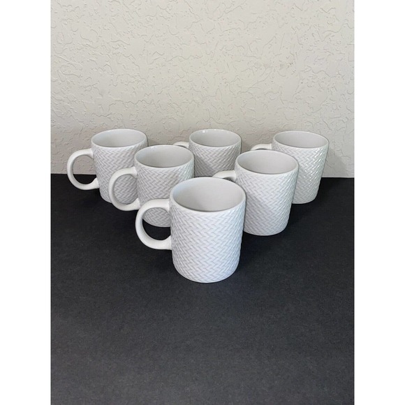 Lot Of 6 Pfaltzgraff Everyday Winston Coffee Mugs Cups White Zig Zag Pattern - Picture 1 of 10